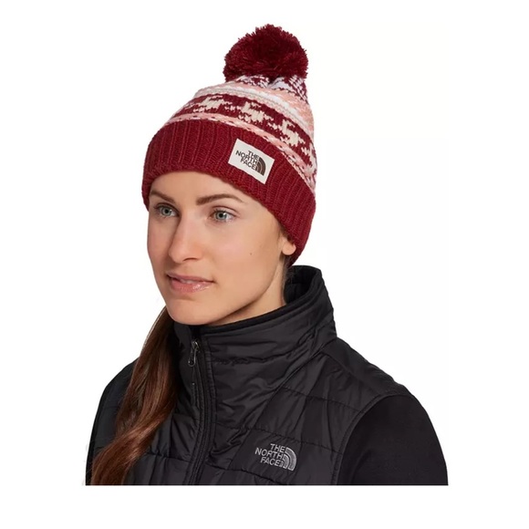 The North Face Women's Fair Isle Beanie Maroon Hat NWT Oversized Pom - Picture 6 of 9